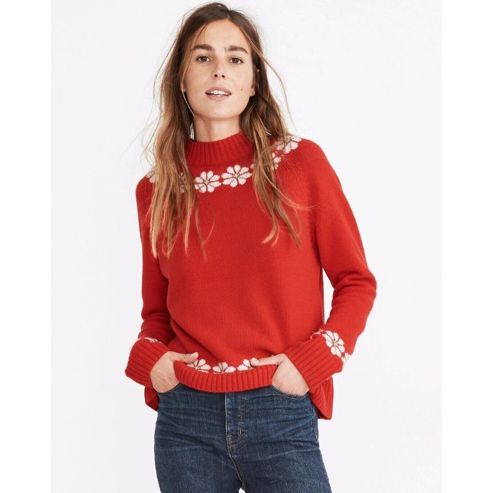 Madewell Red Crewneck Sweater with Cream Floral Trim